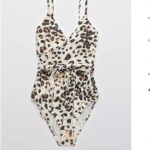 Aerie Leopard Wrap One Piece Swimsuit with Cut Out - Small/Long in Leopard Print